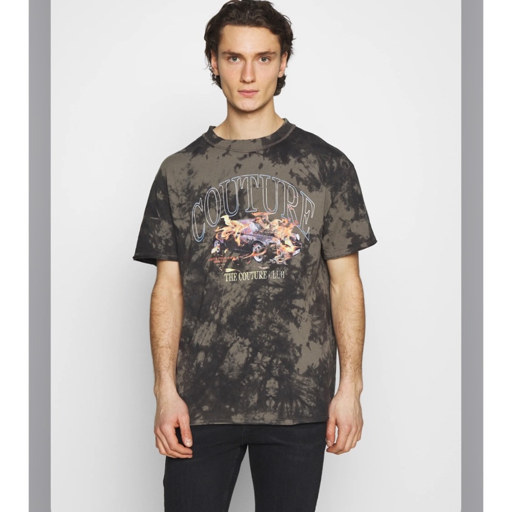The Couture Club RELAXED FIT T-SHIRT WITH FLAMING CAR GRAPHIC SUBTLE BLEACHING